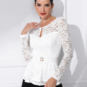 Lace Tops Keyhole Front Peplum Hem Sheer Long Sleeve Blouse