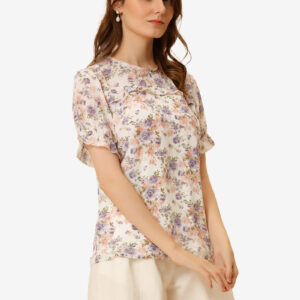 Chiffon Short Sleeve Ruffled Trim Floral Blouse Top