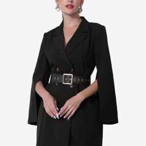 Elegant Slit Sleeve Belted Double Breasted Work Office Blazer Dress