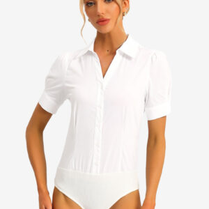 Button Down Leotard Shirt Short Sleeve Collared Business Work Bodysuit