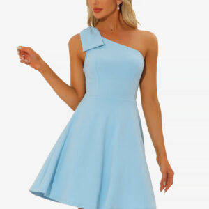Bow One Shoulder Sleeveless Pockets A-Line Midi Dress