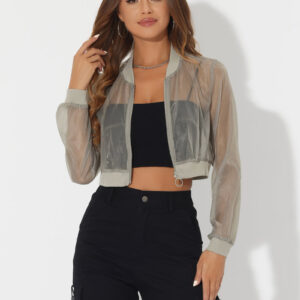 Bomber Long Sleeve Crop Mesh Sheer Zip Up Jackets