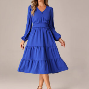 Lantern Sleeve Pocketed Ruffled Tiered A-Line Midi Dress