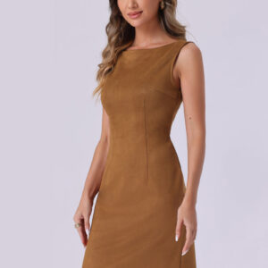 Faux Suede Boat Neck Sleeveless Sheath Midi Dress