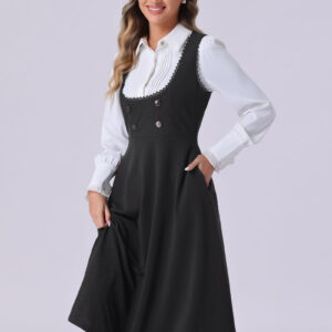 Lace Trim Button Decor Pockets Overalls Midi Pinafore Dress