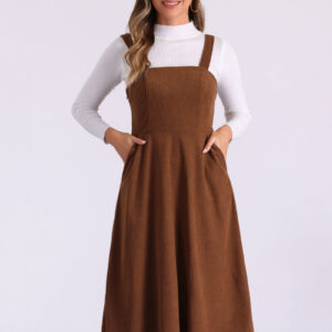 Corduroy Pockets A-Line Sleeveless Casual Midi Pinafore Dress