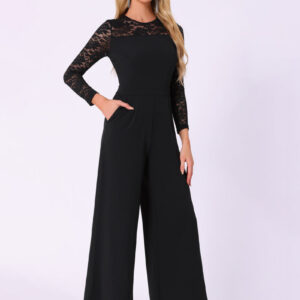 Crew Neck Mesh Lace Sleeve Wide Leg Jumpsuit