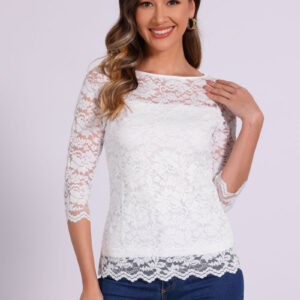 Floral Lace Sheer 3/4 Sleeve Boat Neck Blouse
