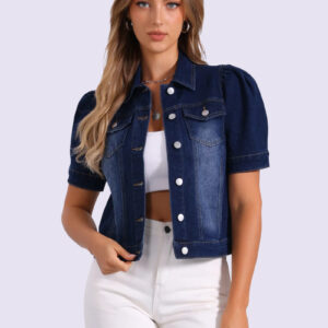 Casual Short Puff Sleeves Button-Down Jean Denim Jacket