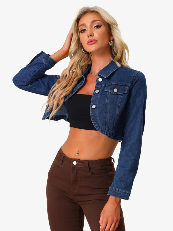 Collared Button Down Long Sleeve Denim Crop Jean Jacket thumbnail 1