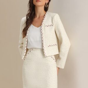 2PCS Plaid Tweed Open Front Cropped Blazer Jacket and Pencil Skirt Sets