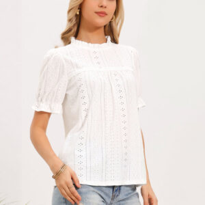 Eyelet Ruffled Puff Sleeve Casual Blouse