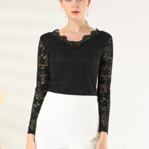 Floral Embroidery Sheer Long Sleeve Lace Blouse Top