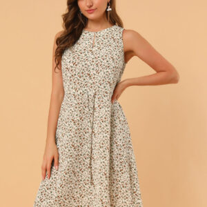 Floral Drawstring Waist Sleeveless A-Line Midi Dress Sundress