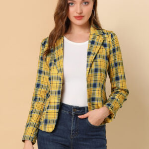 Business Casual Open Front Notch Lapel Plaid Suit Blazer