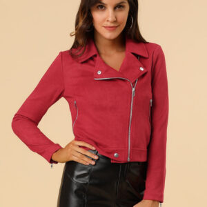 Casual Short Soft Zip Up Faux Suede Biker Moto Jacket