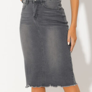 休閒 高腰 背部 開衩 彈性 牛仔 中長版 裙子