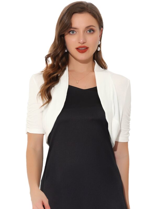 Short Ruched Sleeve Open Front Knit Cropped Bolero Shrugs thumbnail