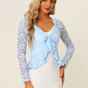 Floral Lace Shrug Tie Front Ruffled Hem Sheer Crop Bolero