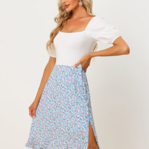 Floral Ruffle Elastic High Waist Button Flowy Split Midi Skirt