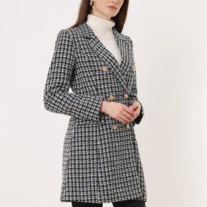 Lapel Collar Elegant Double Breasted Plaid Tweed Coat