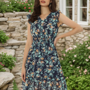 Floral Flutter Sleeve V Neck Smocked Ruffle Dress