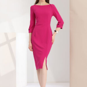 Elegant Boat Neck 3/4 Sleeves Work Midi Split Sheath Dress