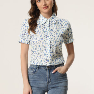 Floral Printed Peter Pan Collar Cotton Short Sleeve Shirt