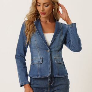 Lapel Collar Long Sleeve One Button Denim Blazer Jean Jacket