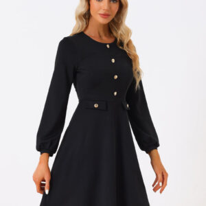 Crew Neck Office Contrast Button Decor Long Sleeve Dress