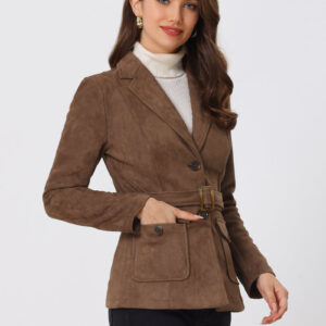 Faux Suede Blazer Belted Lapel Outwear Single Breasted Work Jacket