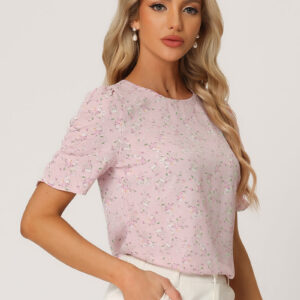 Floral Crew Neck Ruched Sleeve Casual Blouse