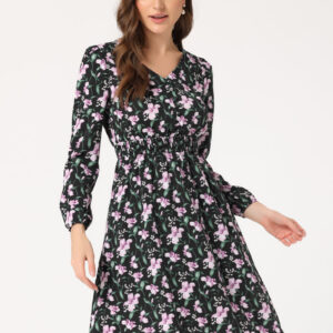Floral Print V-Neck Long Sleeve Smocked Waist Midi Dress