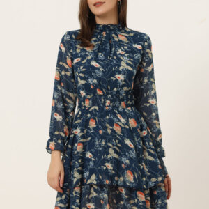 Floral Chiffon Long Sleeve Mock Neck Ruffle Layered Mini Dress