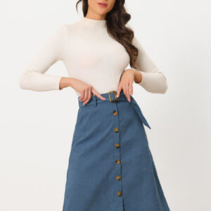 High Waist Button Front Belted Corduroy A-Line Midi Skirt