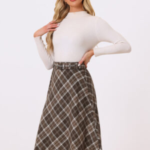 Christmas Tartan Plaid High Waist Belted Vintage A-Line Midi Skirt
