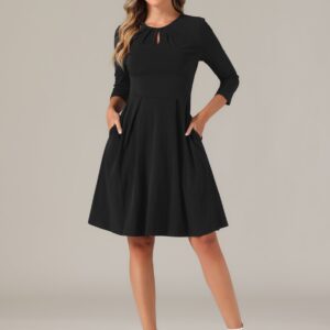 3/4 Sleeve Pleated Keyhole Pockets A-Line Above Knee Dress