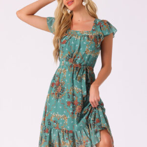 Floral Chiffon Flutter Sleeve Belted Square Neck Ruffled Hem Dress