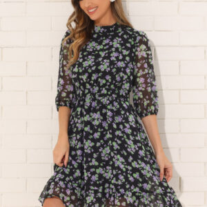 Floral Casual Mock Neck Chiffon A-Line Midi Dress