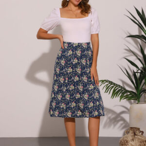 Floral Peasant Elastic Waist A-Line Ditsy Leave Midi Skirt