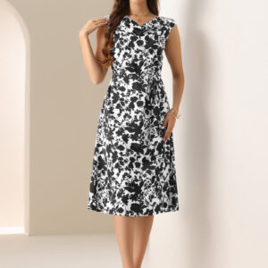 Floral Cowl Neck Cap Sleeve Midi Dress