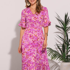 碎花 荷葉邊 下擺 短袖 中長版 洋裝