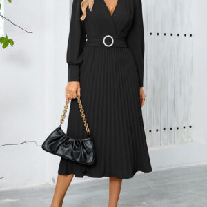 Elegant V Neck Long Sleeves Flutter Pleats Belted A-Line Midi Office Dress
