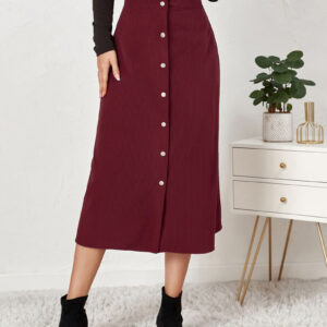 Corduroy Buttoned Split Solid Color A-Line Midi Skirt