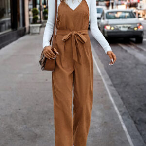 Corduroy Solid Color Belted Lace-Up Overalls Jumpsuits