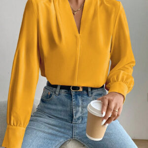 Classic Elegant V Neck Pleated Long Sleeves Solid Color Blouse