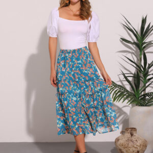 Chiffon Floral Printed Long Tiered Ruffle Boho Midi Skirt