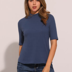 Mock Neck Solid Color Short Sleeves Casual T-shirts