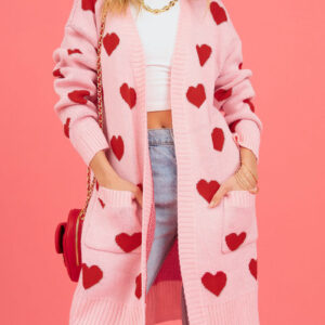 Heart Pattern Pocketed Mid Length Sweater Cardigan