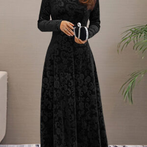 Elegant Vintage Velvet Floral V Neck Long Sleeves Maxi Dress